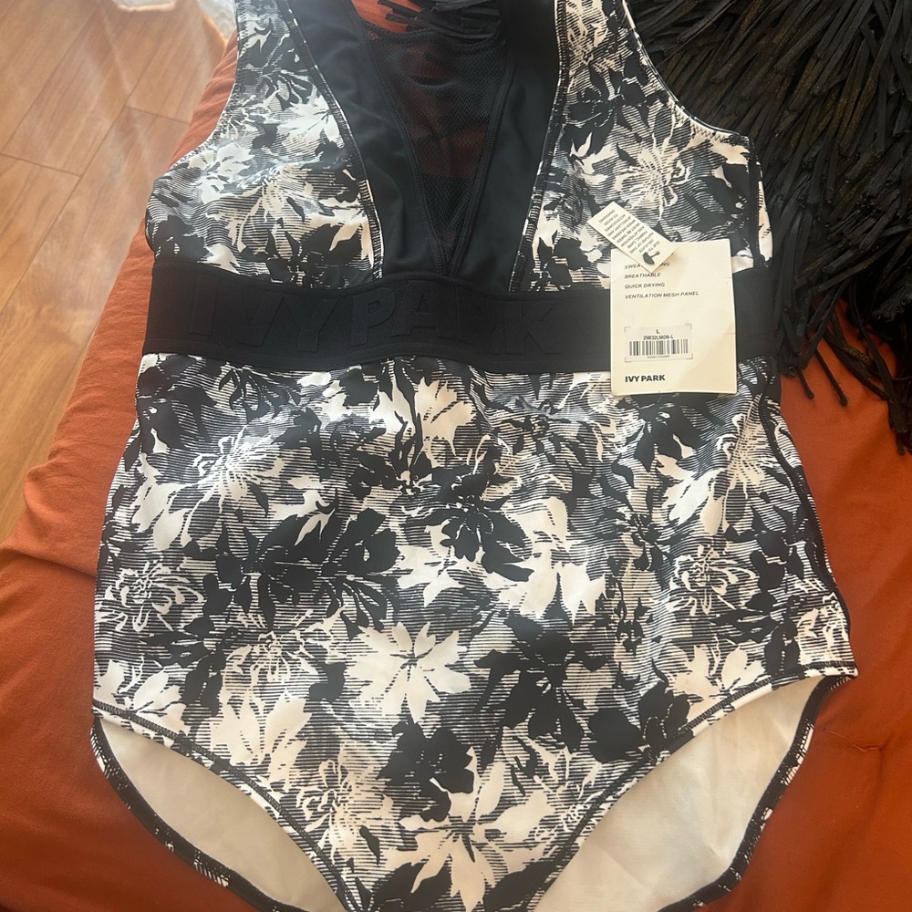Ivy Park Floral Black & White Mesh Panel Bodysuit with Cut Out Back. New! - Picture 2 of 10
